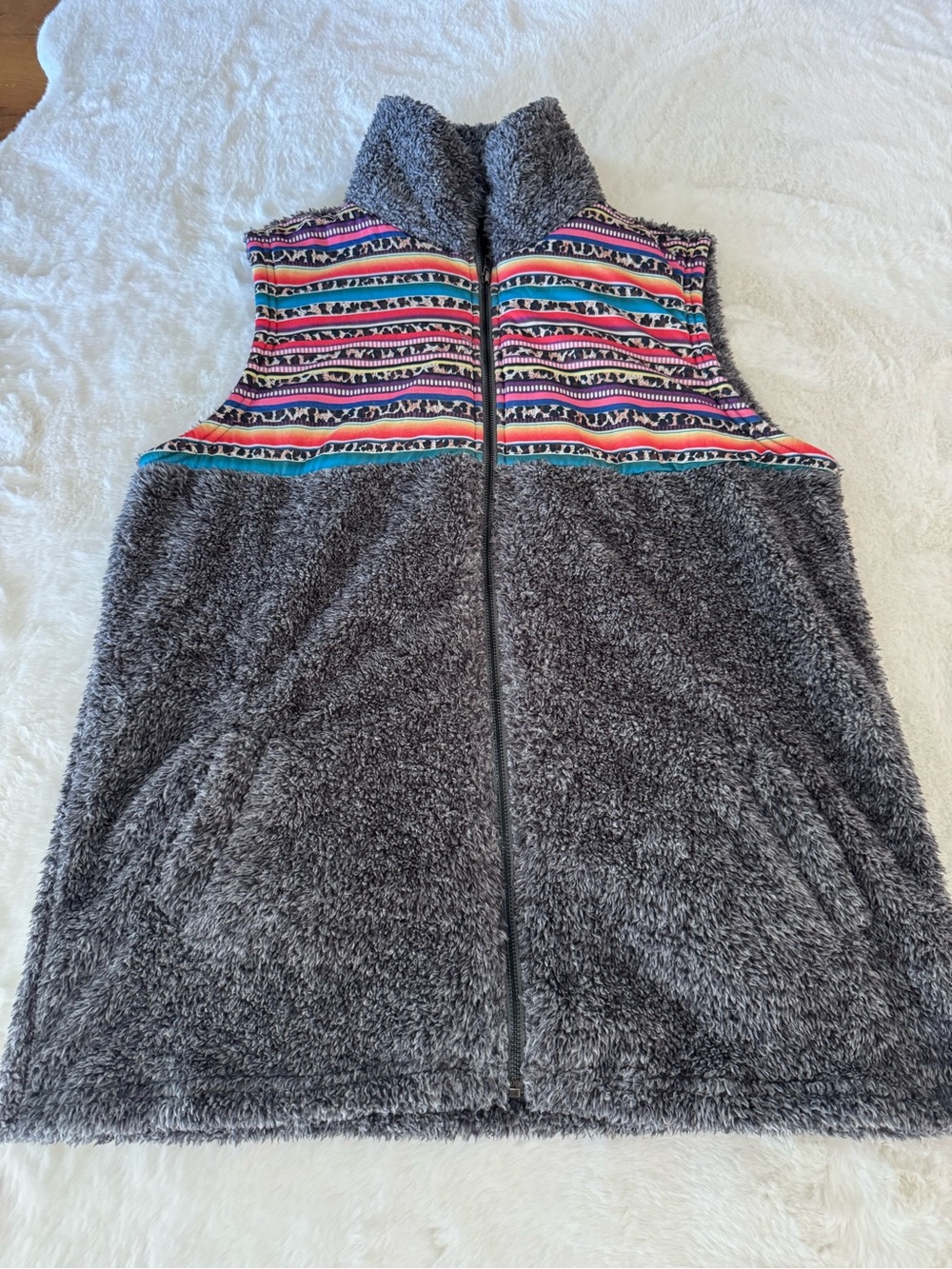 Gray Sherpa Vest with Multicolor Aztec Yoke